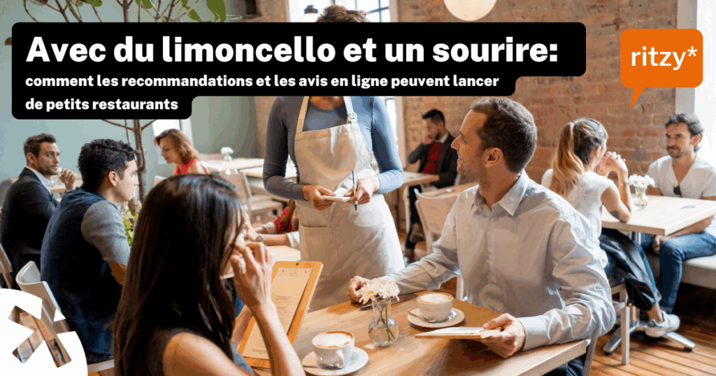 Un restaurant animé avec des clients assis à des tables en bois, discutant et dégustant des boissons chaudes. Une serveuse en tablier blanc prend une commande.