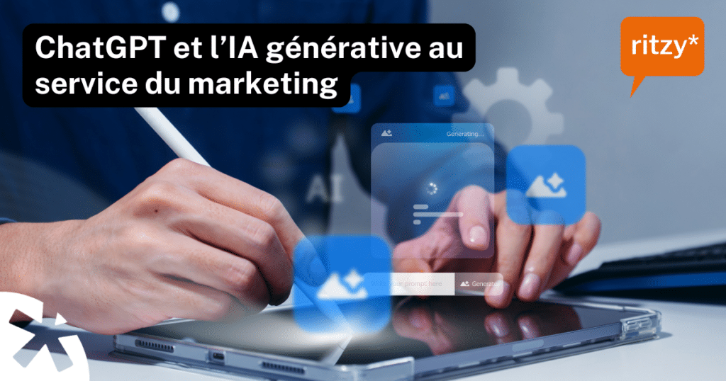 Personne utilisant un stylet sur une tablette, avec des icônes numériques et l’intitulé "ChatGPT et l’IA générative au service du marketing