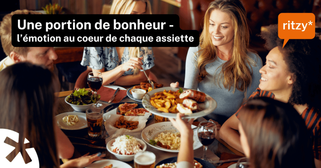 Groupe de personnes partageant un repas convivial autour d’une table dans un restaurant, avec plats variés et service en cours