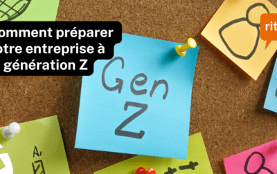 Post-it colorés épinglés sur un tableau en liège, avec un papier bleu indiquant « Gen Z » et le texte « Comment préparer votre entreprise à la génération Z », accompagné du logo ritzy* en haut à droite.