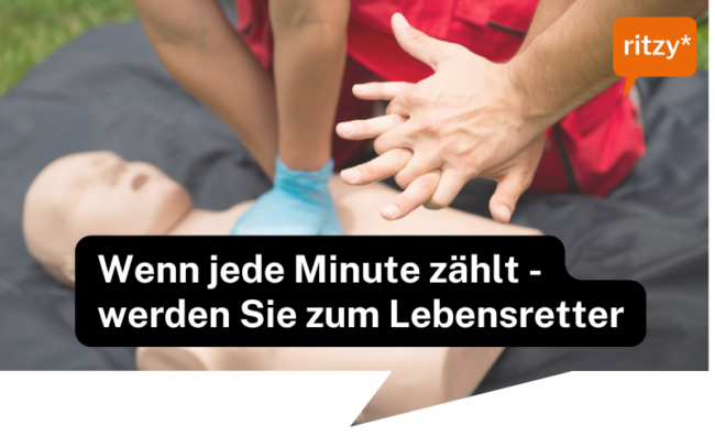 4 Hände, die Herzmassage machen.